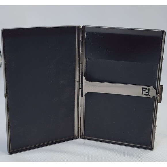 Fendi Zucca Metal Cigarette Case Vintage Card Holder Black Enamel Striped FF